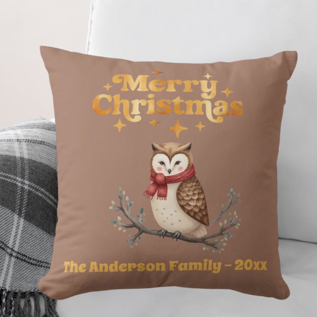 Merry Christmas mocha gold cute owl Throw Pillow (Creator Uploaded)