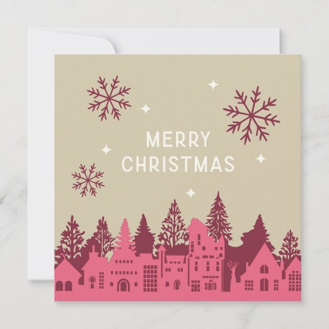Merry Christmas Mod Village Pink Holiday Card (Front)