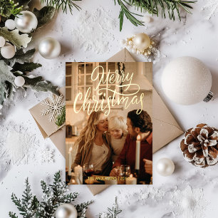 Merry Christmas Modern 2 Family Photo Gold Foil Holiday Card