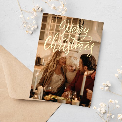 Merry Christmas Modern 2 Family Photo Gold Foil Holiday Card