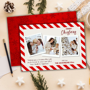 Merry Christmas modern 3 family photos cute red Holiday Card