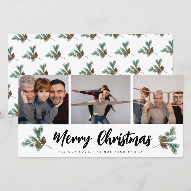 Merry Christmas Modern 3 Photo Collage  Holiday Card (Front/Back)