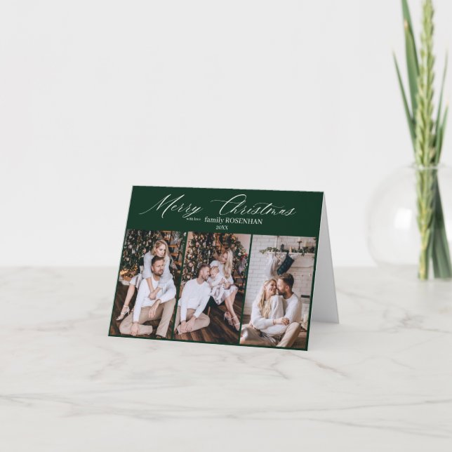 Merry  Christmas Modern 3 Photo Emerald Green Holiday Card (Front)