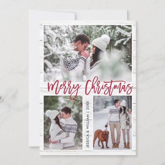 Merry Christmas Modern 3 PHOTO Greeting Holiday Card (Front)