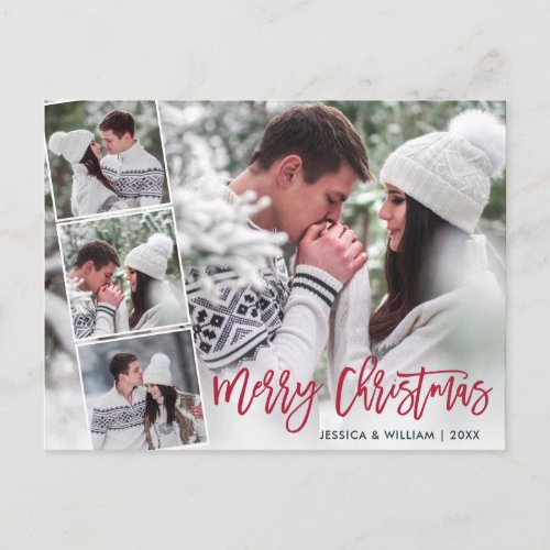 Merry Christmas Modern 4 PHOTO Greeting Holiday Postcard