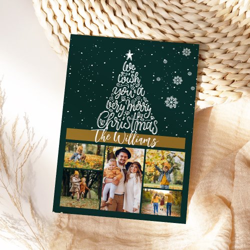Merry Christmas Modern 5 Photo Collage Holiday Card