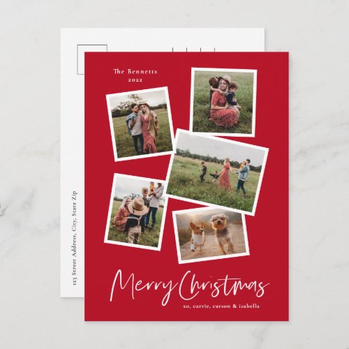 Merry Christmas Modern 5 Photo Collage Holiday Postcard
