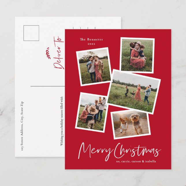 Merry Christmas Modern 5 Photo Collage Holiday Postcard (Front/Back)