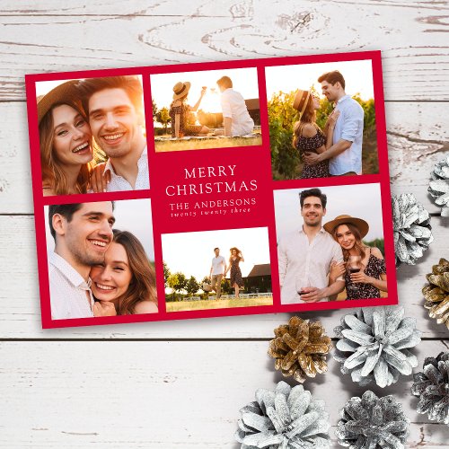 Merry Christmas Modern 6 Photo Collage Holiday Card