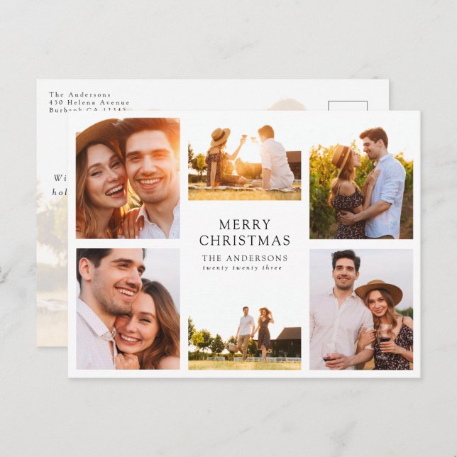 Merry Christmas Modern 6 Photo Collage  Holiday Postcard (Front/Back)