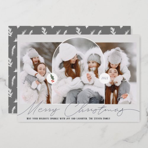 Merry Christmas modern arch 3 photos gray script Foil Holiday Card