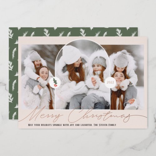 Merry Christmas modern arch 3 photos pink script Foil Holiday Card