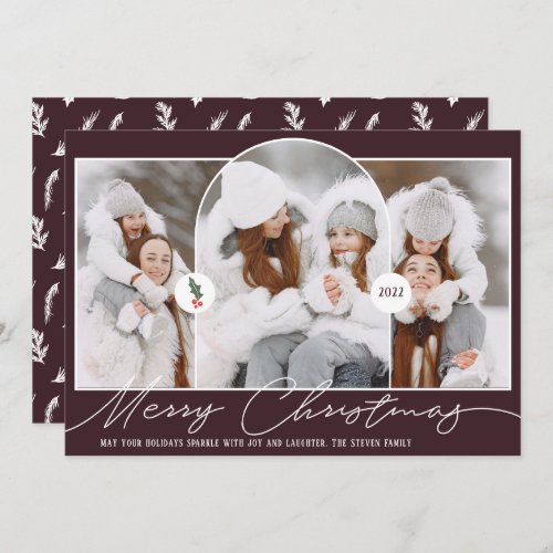 Merry Christmas modern arch 3 photos plum white Holiday Card