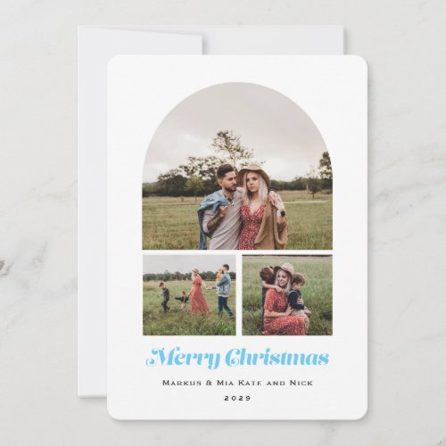 Merry Christmas Modern Arch Multi photo Blue Holiday Card