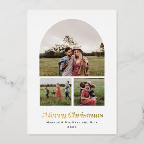 Merry Christmas Modern Arch Multi photo Foil Holiday Card