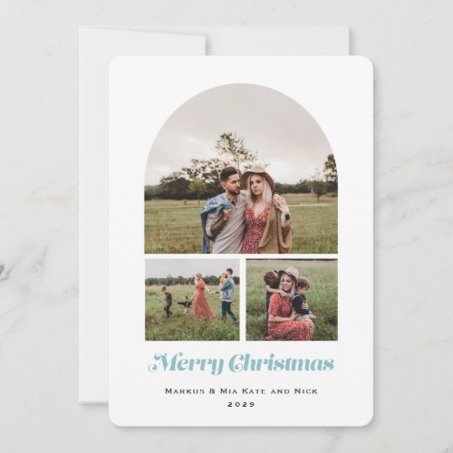 Merry Christmas Modern Arch Multi photo sage Holiday Card