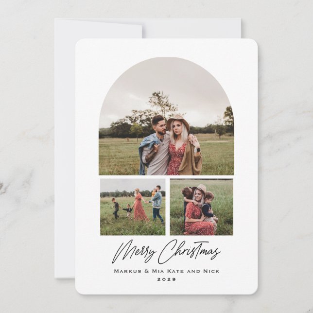 Merry Christmas Modern Arch Multi photo scripted Holiday Card (Front)