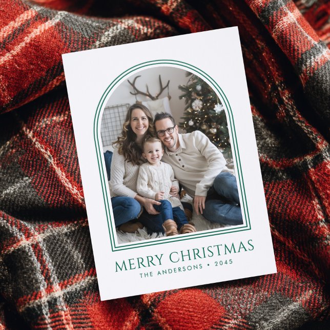 Merry Christmas Modern Arch Photo Green Holiday Letterpress Photo Cards (Creator Uploaded)