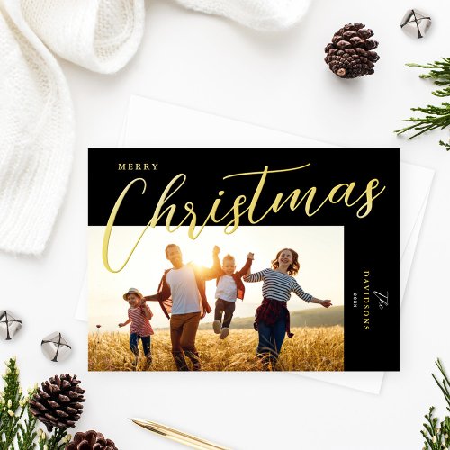 Merry Christmas Modern Black Gold Script Photo Foil Holiday Card