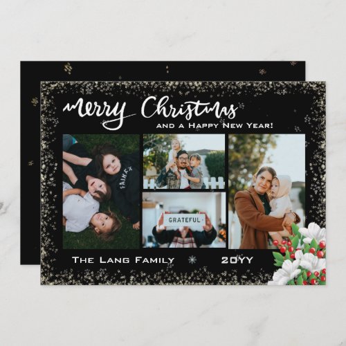Merry Christmas Modern Black Photo Snow  Florals Holiday Card