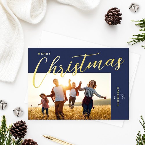 Merry Christmas Modern Blue Gold Script Photo Foil Holiday Card