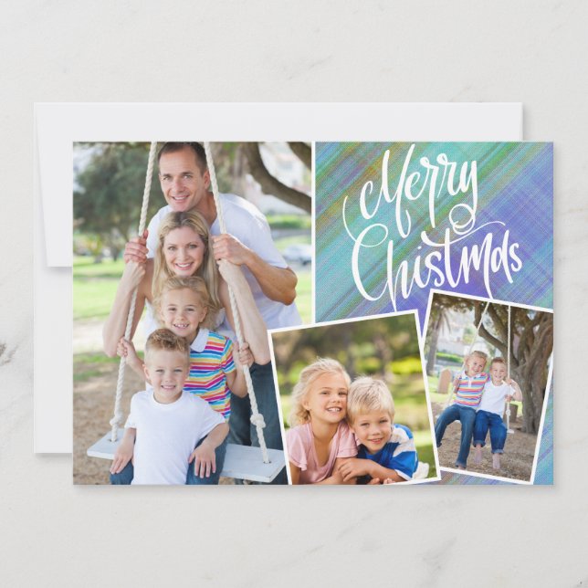 Merry Christmas Modern Blue Plaid Three Photo (Front)