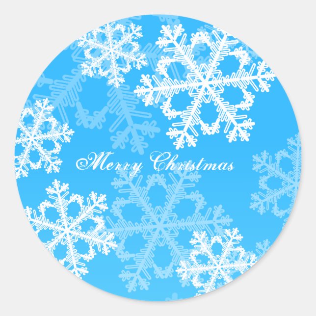 Merry Christmas Modern Blue Snowflakes Pattern  Classic Round Sticker (Front)