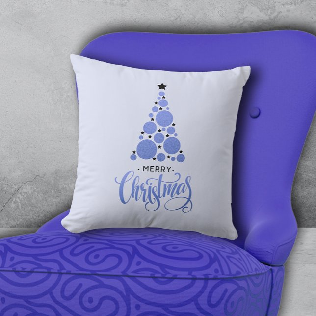Merry Christmas Modern Blue Tree Holiday Throw Pillow (PIllow with Merry Christmas and modern blue Christmas tree on pale blue background. Choose size. )