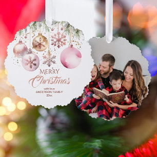 Merry Christmas modern boho metallic photo templat Ornament Card