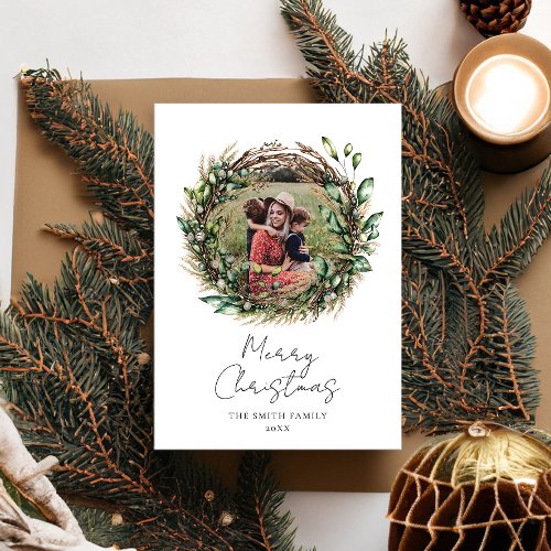 Merry Christmas Modern Boho Rustic Wreath Photo Holiday Card