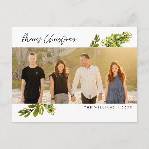 Merry Christmas Modern Botanical Family Photo Postcard