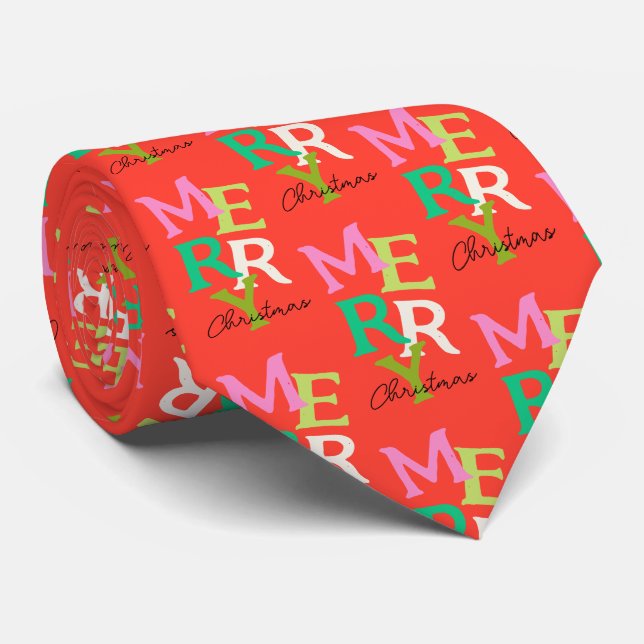 Merry Christmas Modern Bright Holiday Neck Tie (Rolled)