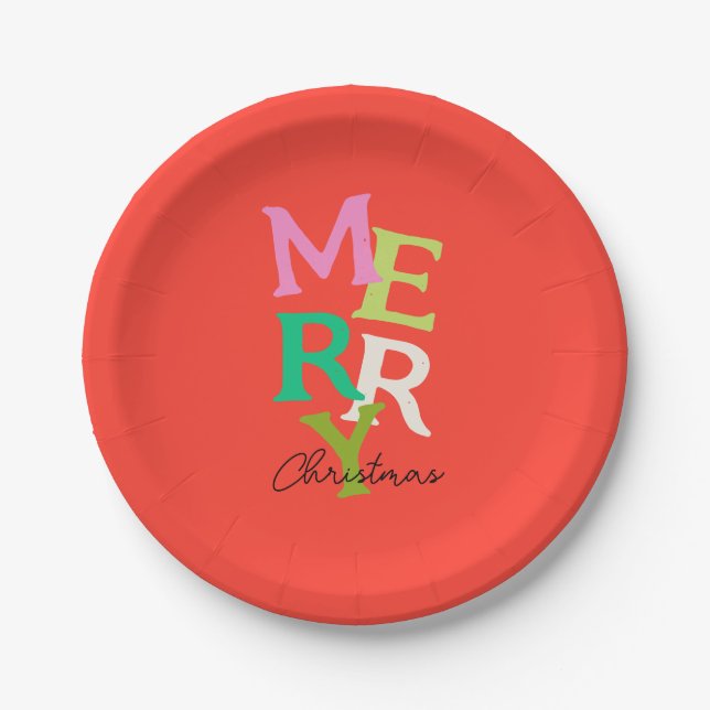 Merry Christmas Modern Bright Holiday Paper Plates (Front)