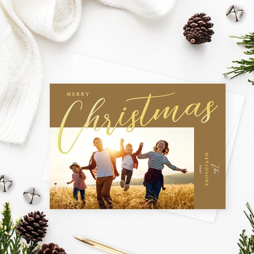 Merry Christmas Modern Bronze Gold Script Photo Foil Holiday Card