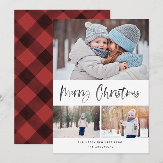 Merry Christmas Modern Brush Script Collage Photo Holiday Card (Front/Back)