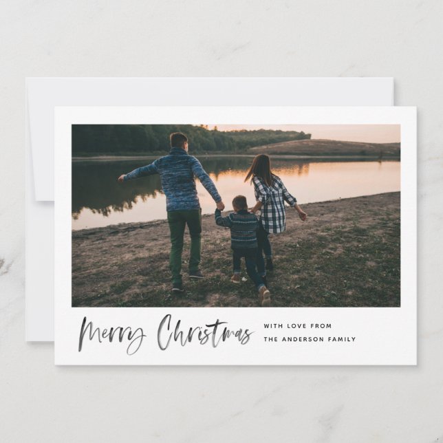 Merry Christmas Modern Brush Script Minimal Photo Holiday Card (Front)