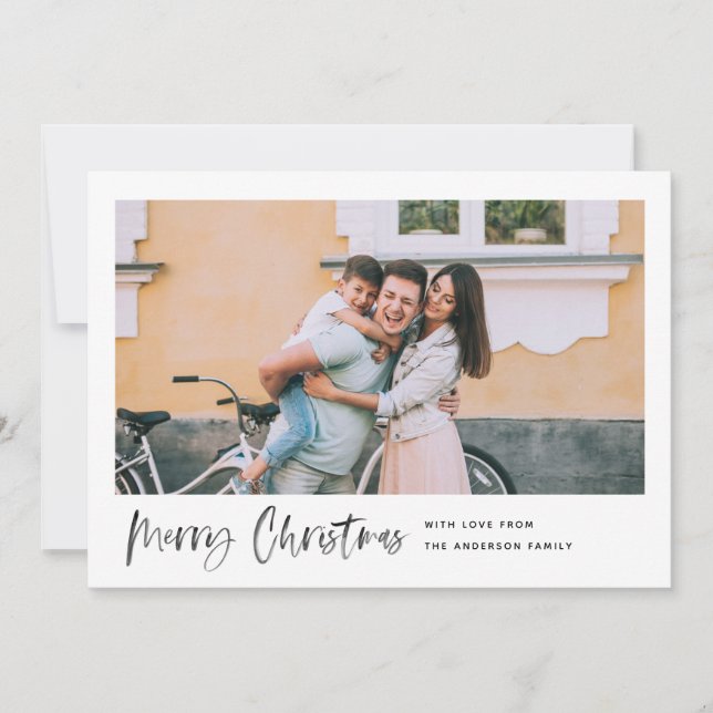 Merry Christmas Modern Brush Script Minimal Photo Holiday Card (Front)