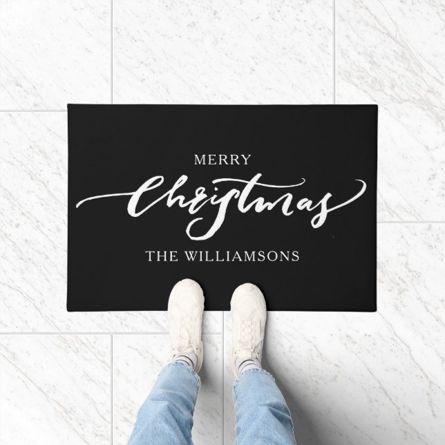 Merry Christmas Modern Calligraphy Custom Black Doormat (Indoor)