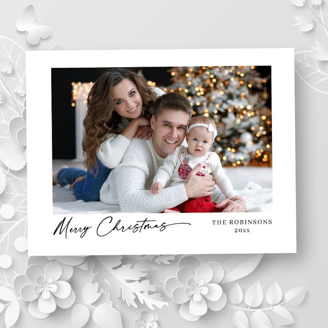 Merry Christmas Modern Calligraphy Elegant Photo Holiday Postcard (Creator Uploaded)