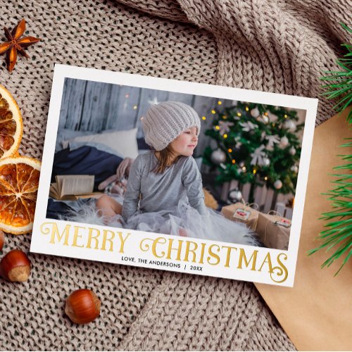 Merry Christmas Modern Calligraphy one photo Foil  Foil Holiday Card