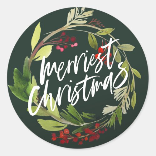 Merry christmas modern chic watercolor foliage classic round sticker