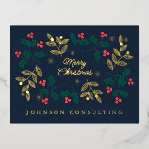 Merry Christmas Modern Christmas Holly Berries Foil Holiday Postcard
