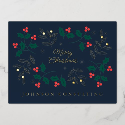 Merry Christmas Modern Christmas Holly Berries Foil Holiday Postcard