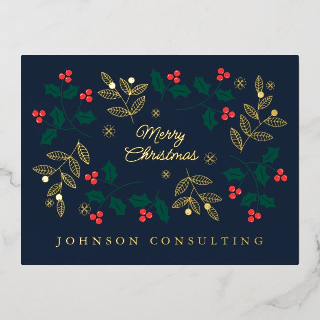 Merry Christmas Modern Christmas Holly Berries Foil Holiday Postcard (Front)