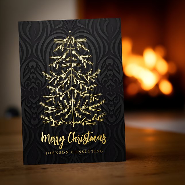 Merry Christmas Modern Christmas Tree Damask Foil Holiday Card (Creator Uploaded)
