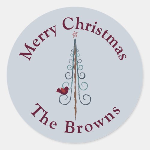 Merry Christmas _ Modern Christmas Trees Blue Red Classic Round Sticker