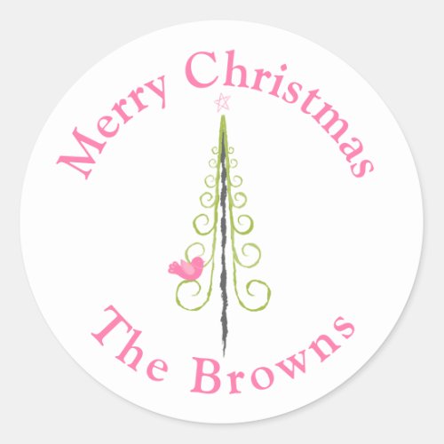 Merry Christmas _ Modern Christmas Trees Pink Teal Classic Round Sticker