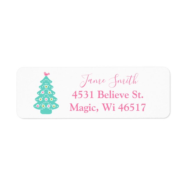 Merry Christmas - Modern Christmas Trees Pink Teal Label (Front)