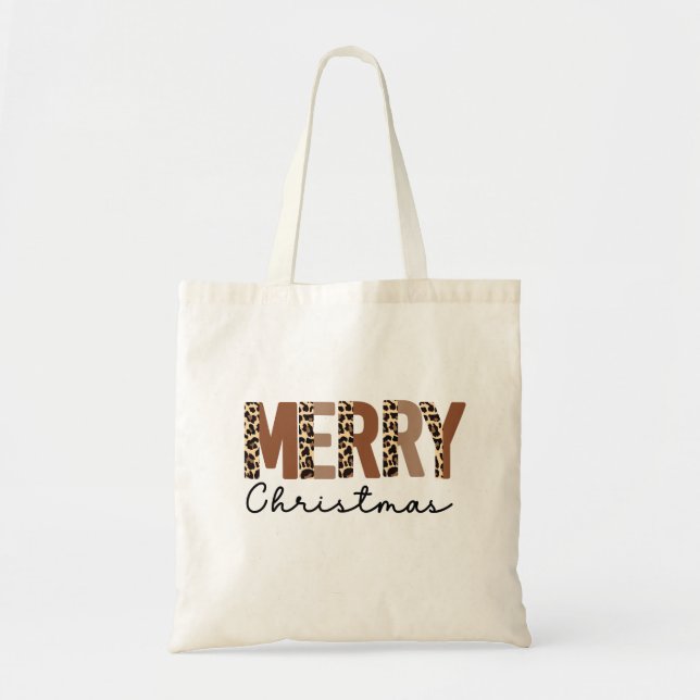 "Merry Christmas" Modern Color Block Leopard Boho Tote Bag (Front)
