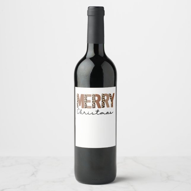 "Merry Christmas" Modern Color Block Leopard Boho Wine Label (Front)